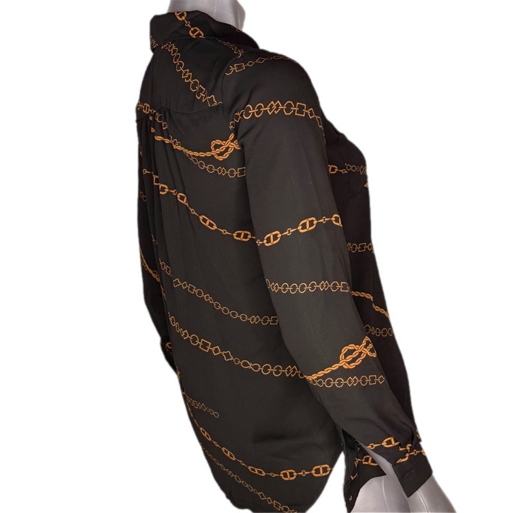 Ann Taylor | Black and Gold Chain Print Quarter Button Blouse - Picture 4 of 11